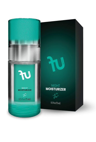 A photo shows a "fu BEAUTY Night Moisturizer" bottle and box on a black background. The clear bottle has a silver pump, teal cap, and teal label with the "fu BEAUTY" logo, "NIGHT MOISTURIZER," a moon and stars icon, and "0.5 fl oz (15 mL)." The bottle contains teal liquid with wavy lines at the bottom of the label. The dark teal box also displays the "fu BEAUTY" logo, "NIGHT MOISTURIZER," a moon and stars icon, and "0.5 fl oz (15 mL)."