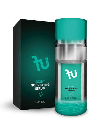A photo shows a "fu BEAUTY Night Moisturizer" bottle and box on a black background. The clear bottle has a silver pump, teal cap, and teal label with the "fu BEAUTY" logo, "NIGHT MOISTURIZER," a moon and stars icon, and "0.5 fl oz (15 mL)." The bottle contains teal liquid with wavy lines at the bottom of the label. The dark teal box also displays the "fu BEAUTY" logo, "NIGHT MOISTURIZER," a moon and stars icon, and "0.5 fl oz (15 mL)."