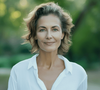 A middle-aged woman with short, wavy brown and gray hair, smiling gently at the camera. She has blue eyes and is wearing a white collared shirt, unbuttoned at the top. The background is a blurred green outdoor setting.