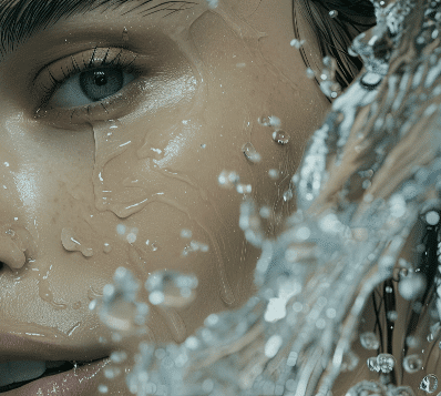 Photograph of a person's face in a close-up, with a blue eye and wet skin. Water splashes across the right side of the face, with droplets running down the cheek and forehead.