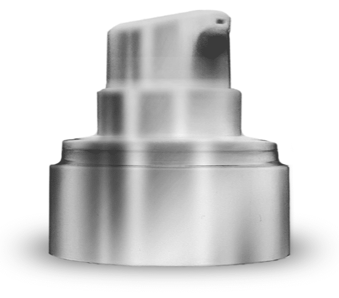 Photograph of a metallic silver pump dispenser. It has a wide cylindrical base, a narrower neck, and a curved pump head with a small nozzle opening.
